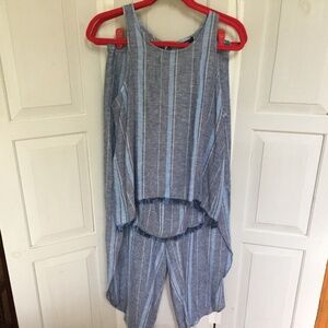 DREW 2 Piece Blue Linen Blend Striped Sleeveless Blouse & Pants